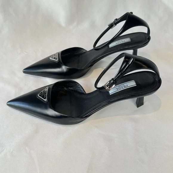 Prada Slingback Stiletto Ankle Strap Logo Accent Black Pointed Toe Leather 37.5 - Picture 3 of 14
